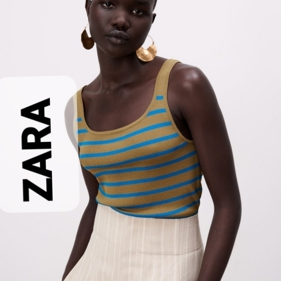ZARA Cropped STRIPED Tank Top Blue/Brown Large - Picture 1 of 9